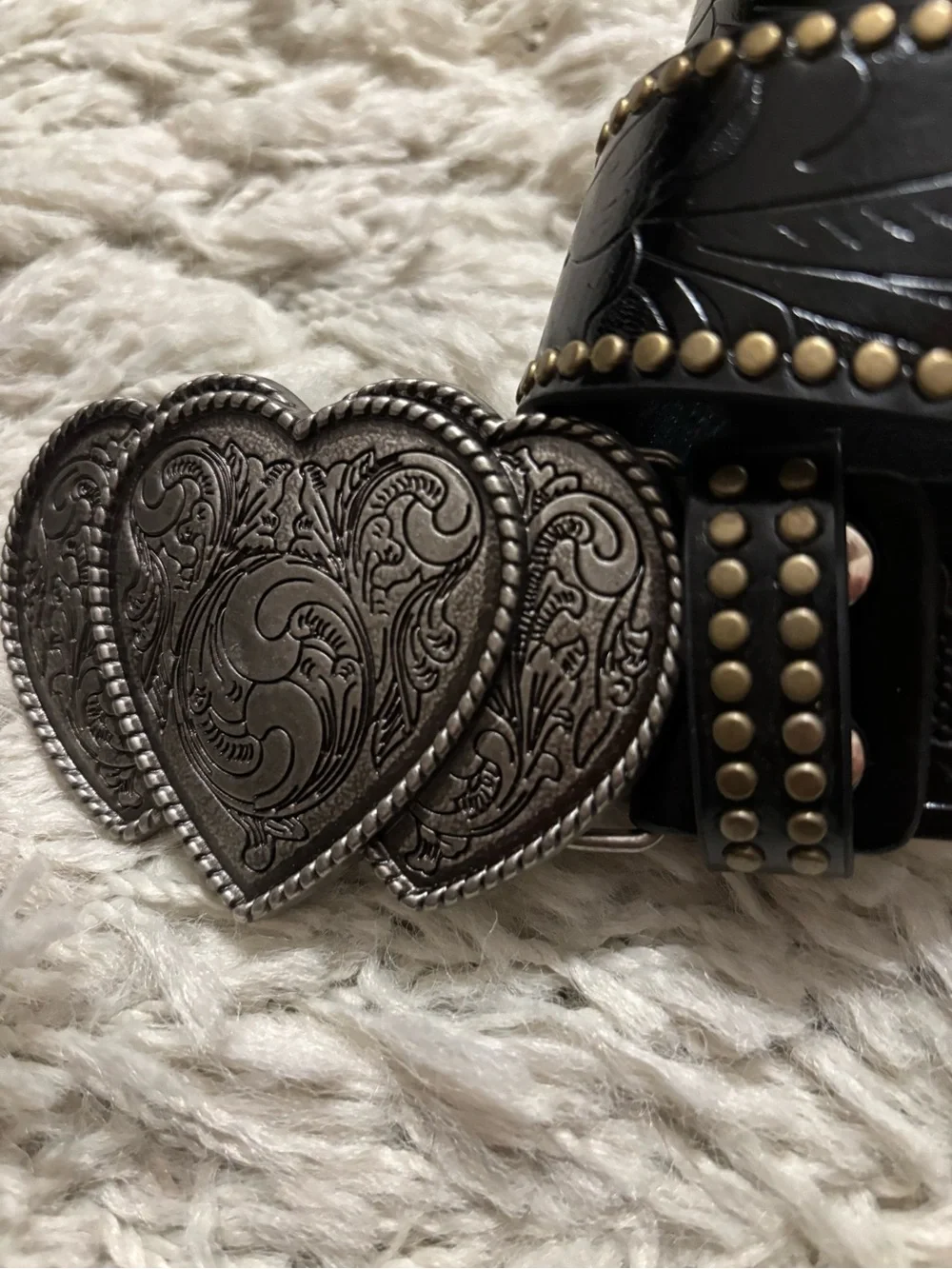 Men’s Vintage Black Leather Studded Embossed Belt with Heart Buckle Size L/XL
